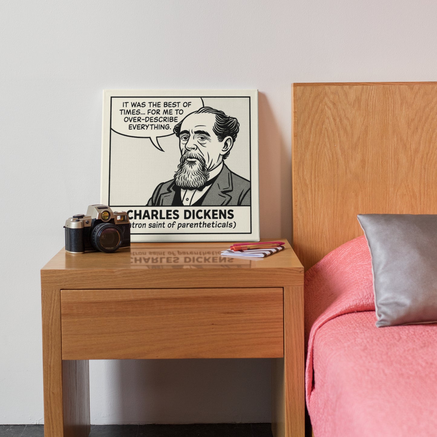 Charles Dickens Cartoon Canvas Art Print – 8x8" (20x20cm) – Literary Quote Wall Decor