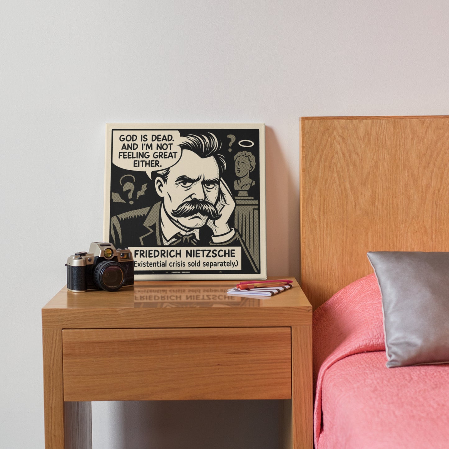 Friedrich Nietzsche Cartoon Canvas Art Print – 8x8" (20x20cm) – Literary Quote Wall Decor