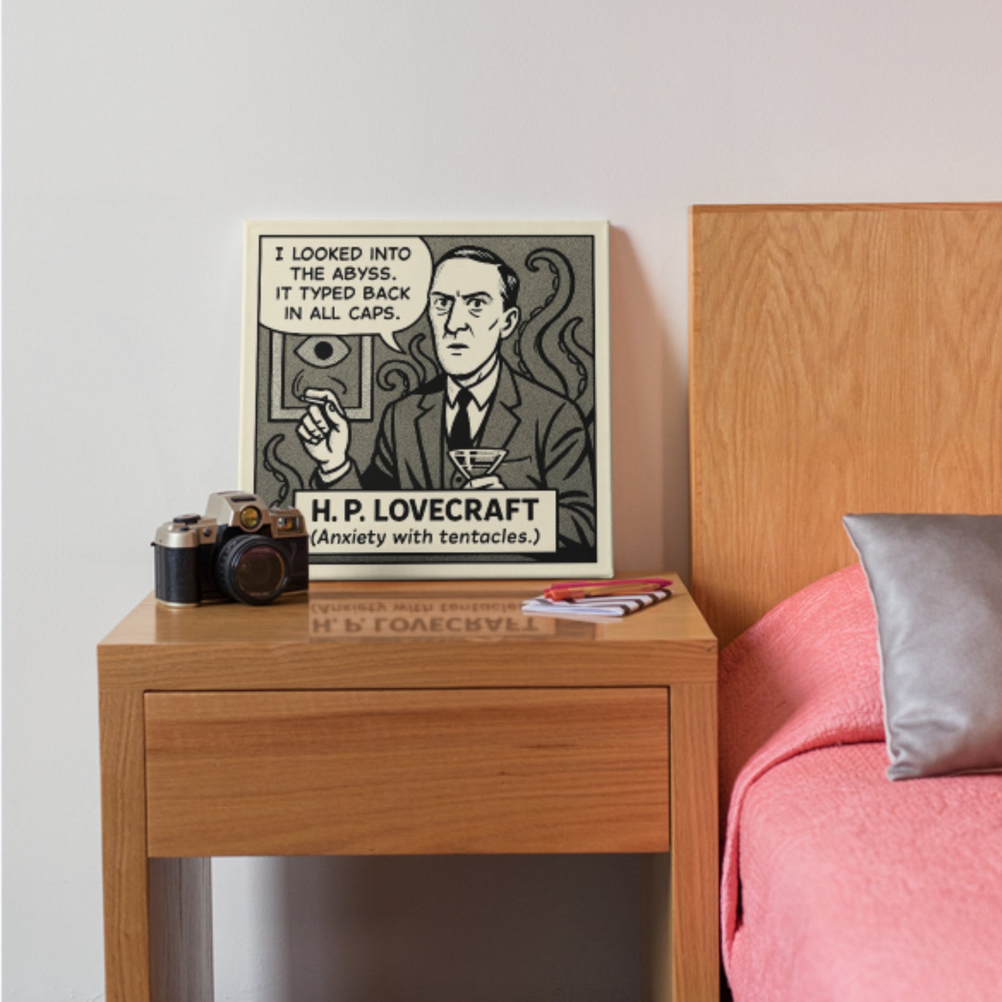 H.P. Lovecraft Cartoon Canvas Art Print – 8x8" (20x20cm) – Literary Quote Wall Decor