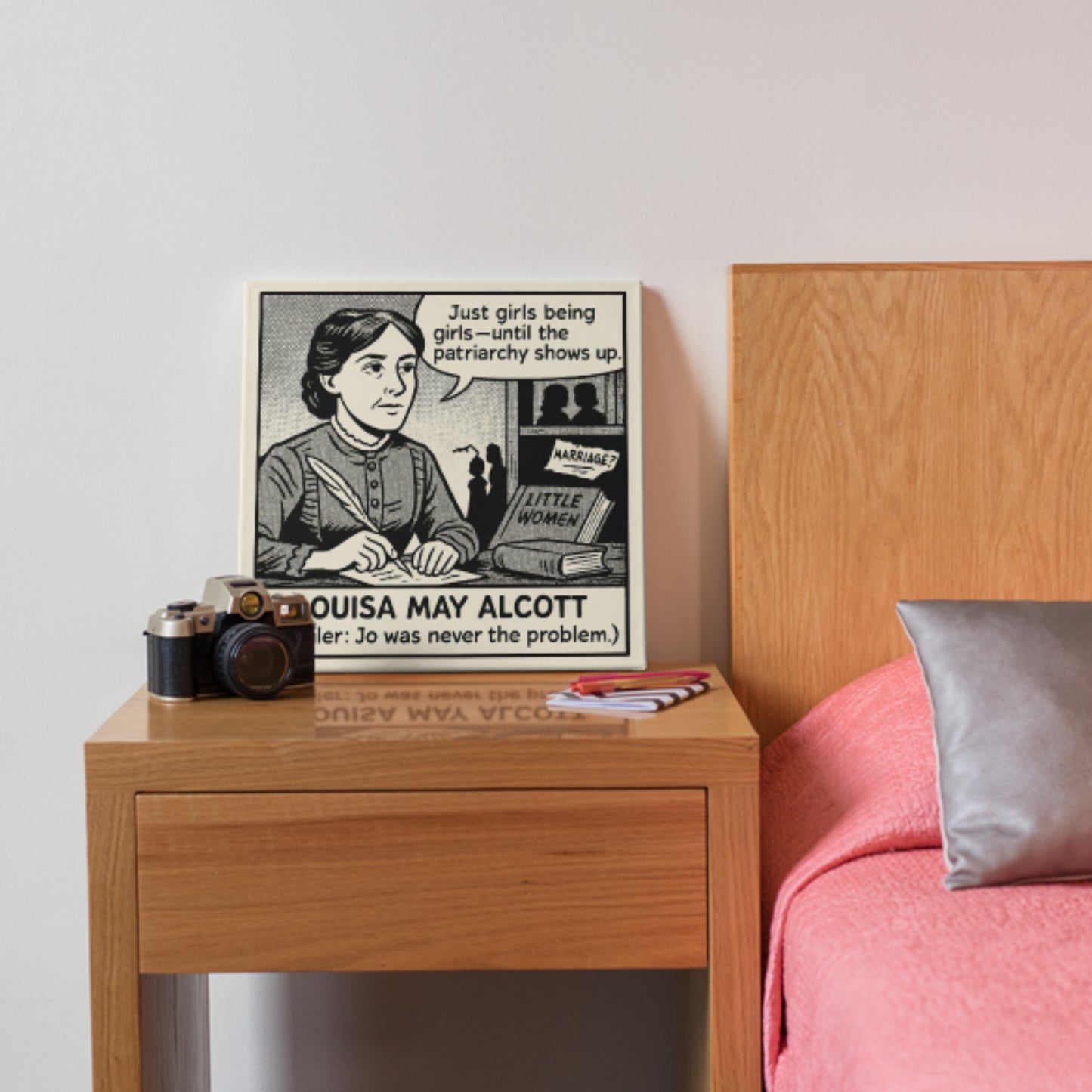 Louisa May Alcott Cartoon Canvas Art Print – 8x8" (20x20cm) – Literary Quote Wall Decor