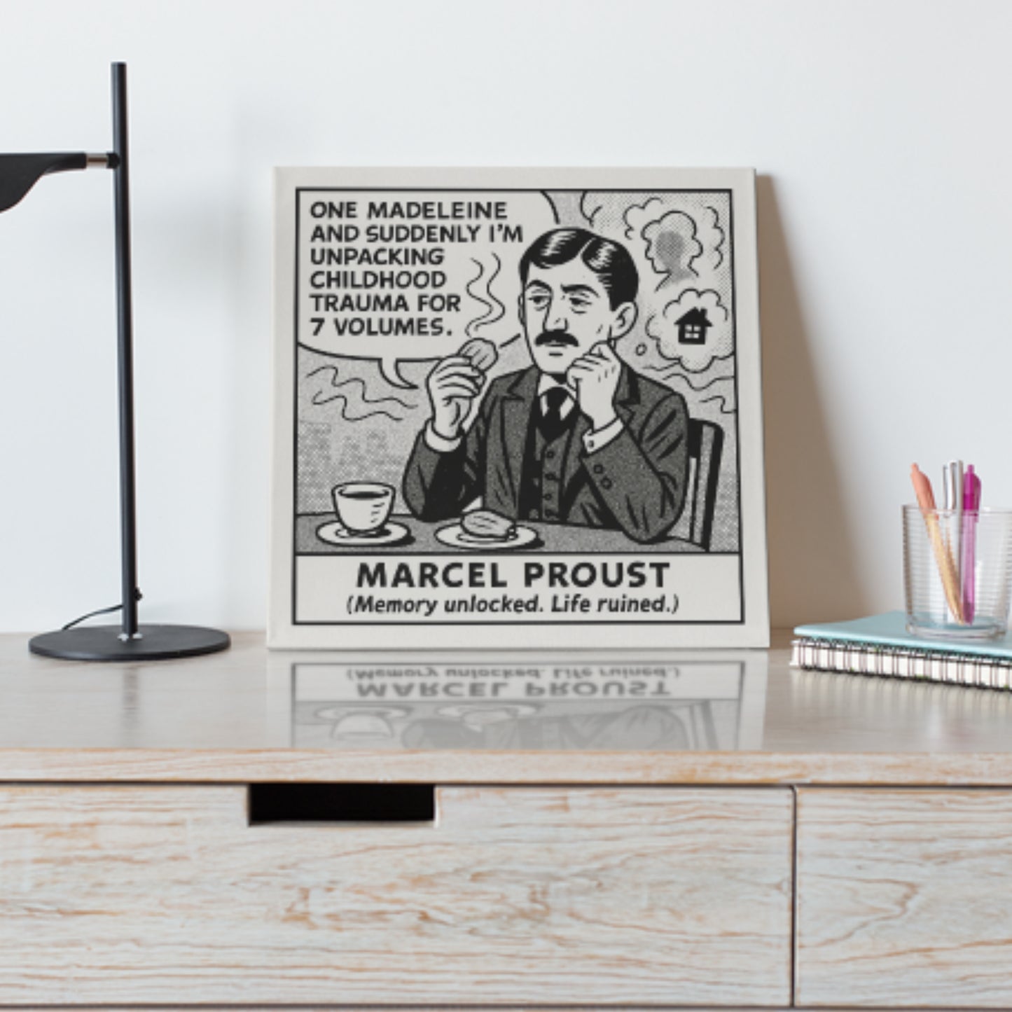 Marcel Proust Cartoon Canvas Art Print – 8x8" (20x20cm) – Literary Quote Wall Decor