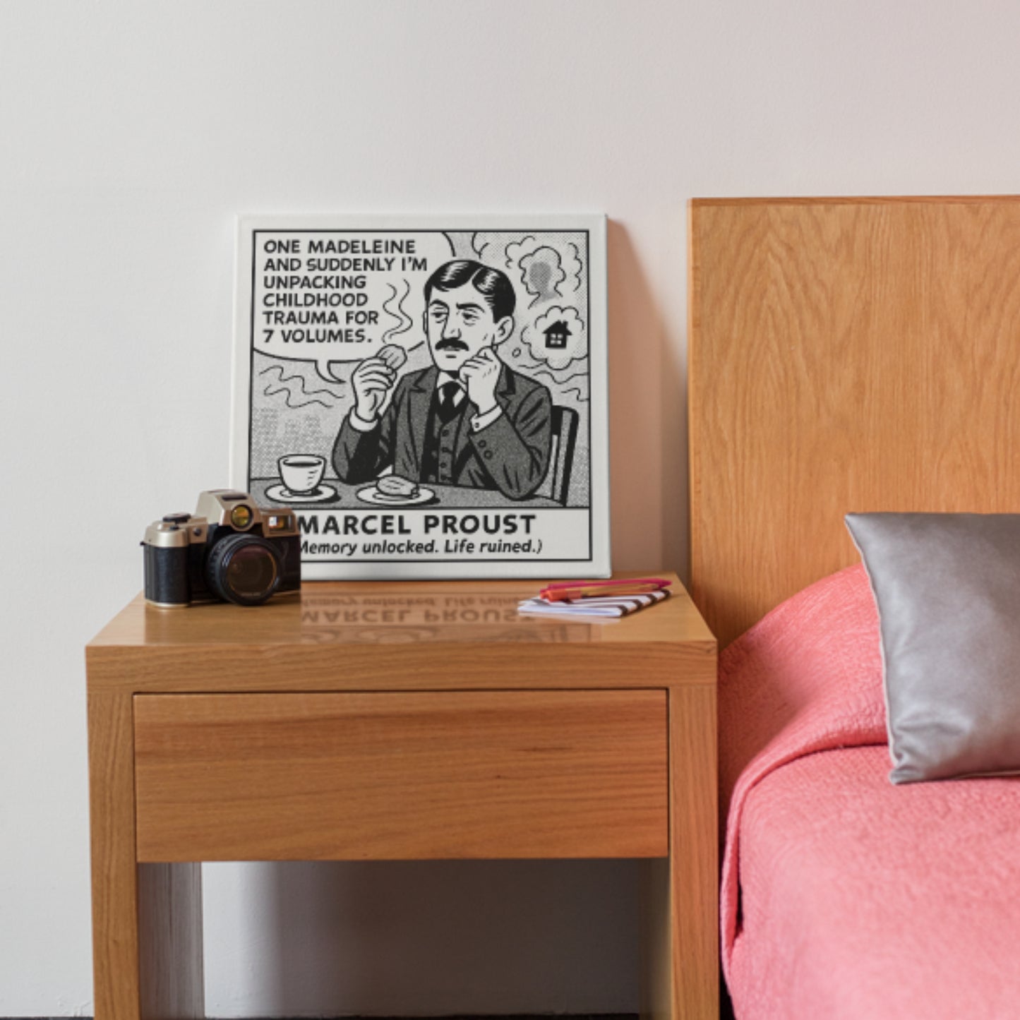 Marcel Proust Cartoon Canvas Art Print – 8x8" (20x20cm) – Literary Quote Wall Decor