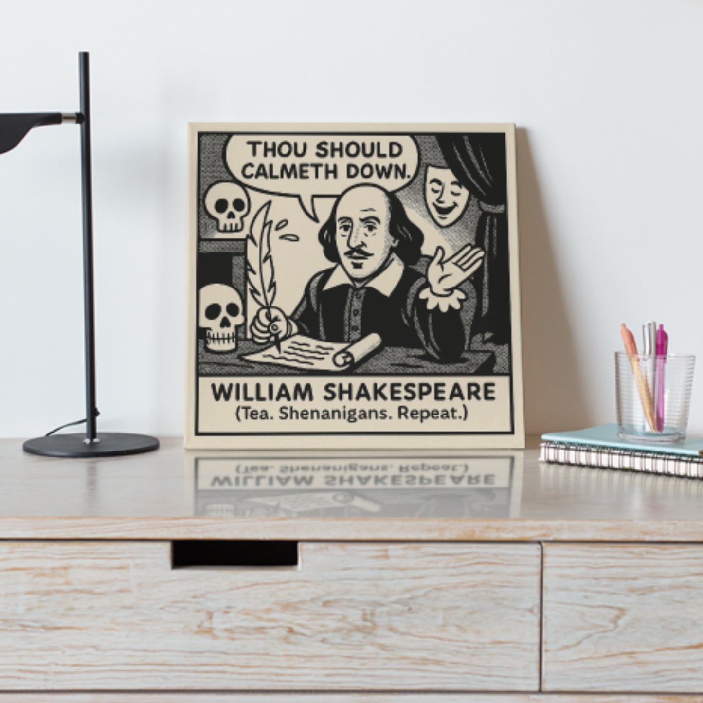 William Shakespeare Cartoon Canvas Art Print – 8x8" (20x20cm) – Literary Quote Wall Decor