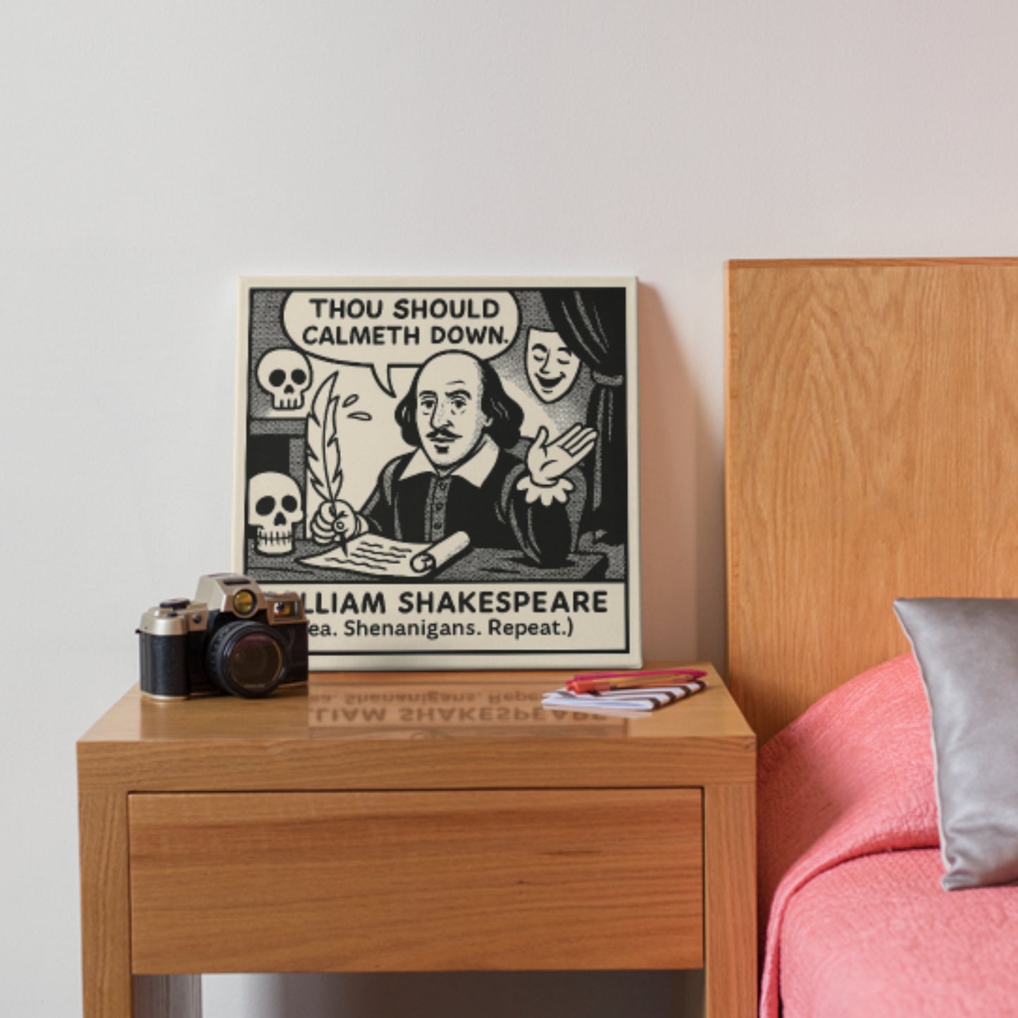 William Shakespeare Cartoon Canvas Art Print – 8x8" (20x20cm) – Literary Quote Wall Decor