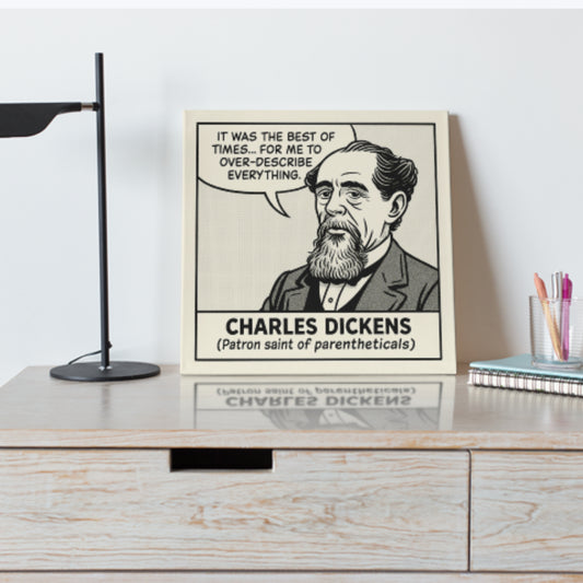 Charles Dickens Cartoon Canvas Art Print – 8x8" (20x20cm) – Literary Quote Wall Decor