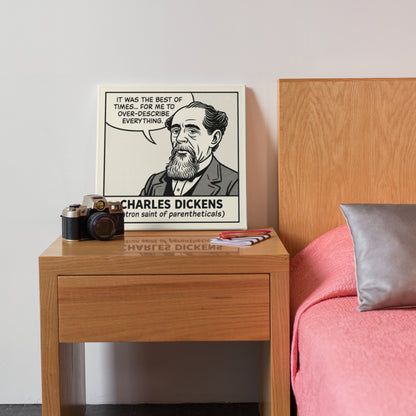 Charles Dickens Cartoon Canvas Art Print – 8x8" (20x20cm) – Literary Quote Wall Decor