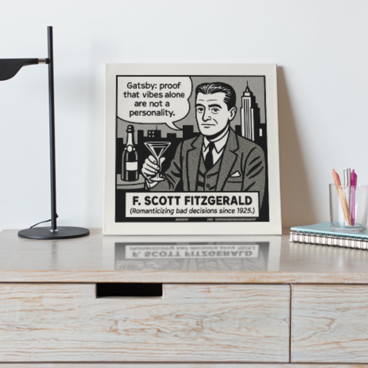 F. Scott Fitzgerald Cartoon Canvas Art Print – 8x8" (20x20cm) – Literary Quote Wall Decor