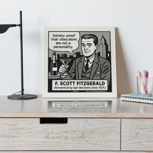 F. Scott Fitzgerald Cartoon Canvas Art Print – 8x8" (20x20cm) – Literary Quote Wall Decor