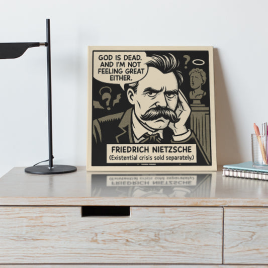 Friedrich Nietzsche Cartoon Canvas Art Print – 8x8" (20x20cm) – Literary Quote Wall Decor