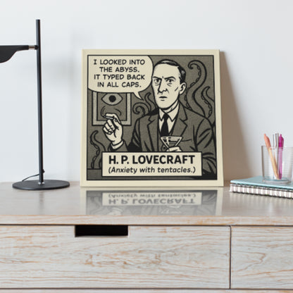 H.P. Lovecraft Cartoon Canvas Art Print – 8x8" (20x20cm) – Literary Quote Wall Decor