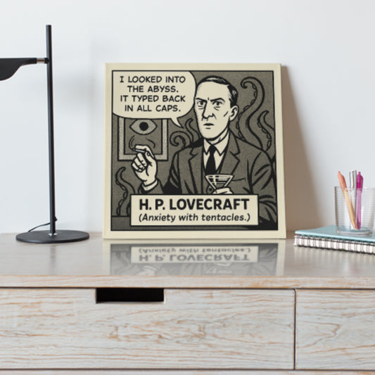 H.P. Lovecraft Cartoon Canvas Art Print – 8x8" (20x20cm) – Literary Quote Wall Decor