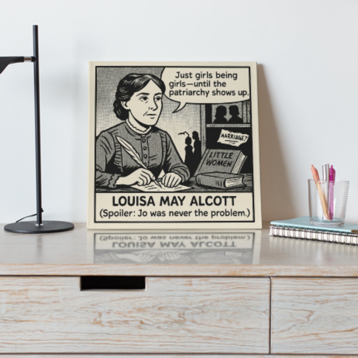 Louisa May Alcott Cartoon Canvas Art Print – 8x8" (20x20cm) – Literary Quote Wall Decor