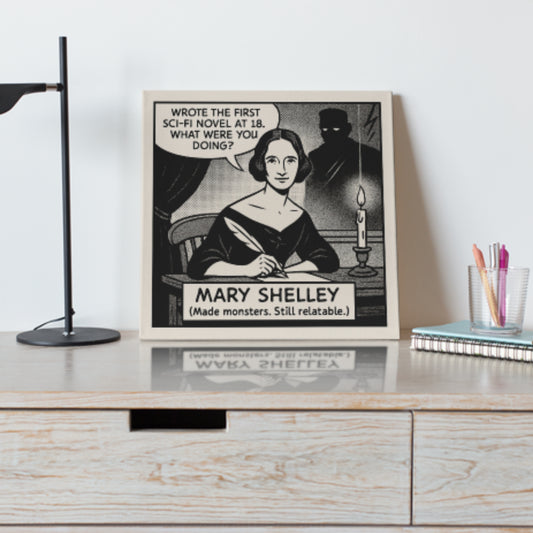Mary Shelley Cartoon Canvas Art Print – 8x8" (20x20cm) – Literary Quote Wall Decor