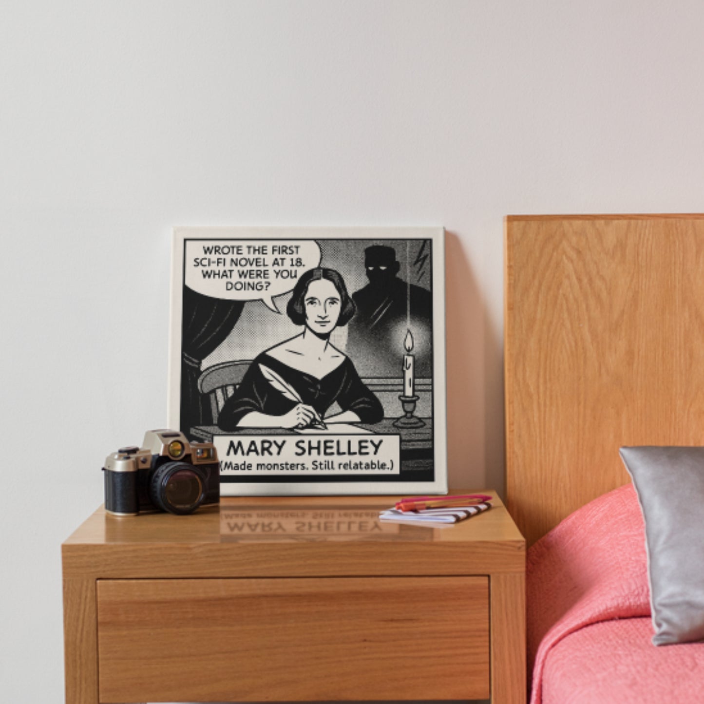 Mary Shelley Cartoon Canvas Art Print – 8x8" (20x20cm) – Literary Quote Wall Decor