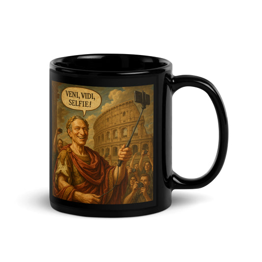 Veni, Vidi, Selfie – Julius Caesar – Black Glossy Mug-Coffee Mugs-Silent Pacific