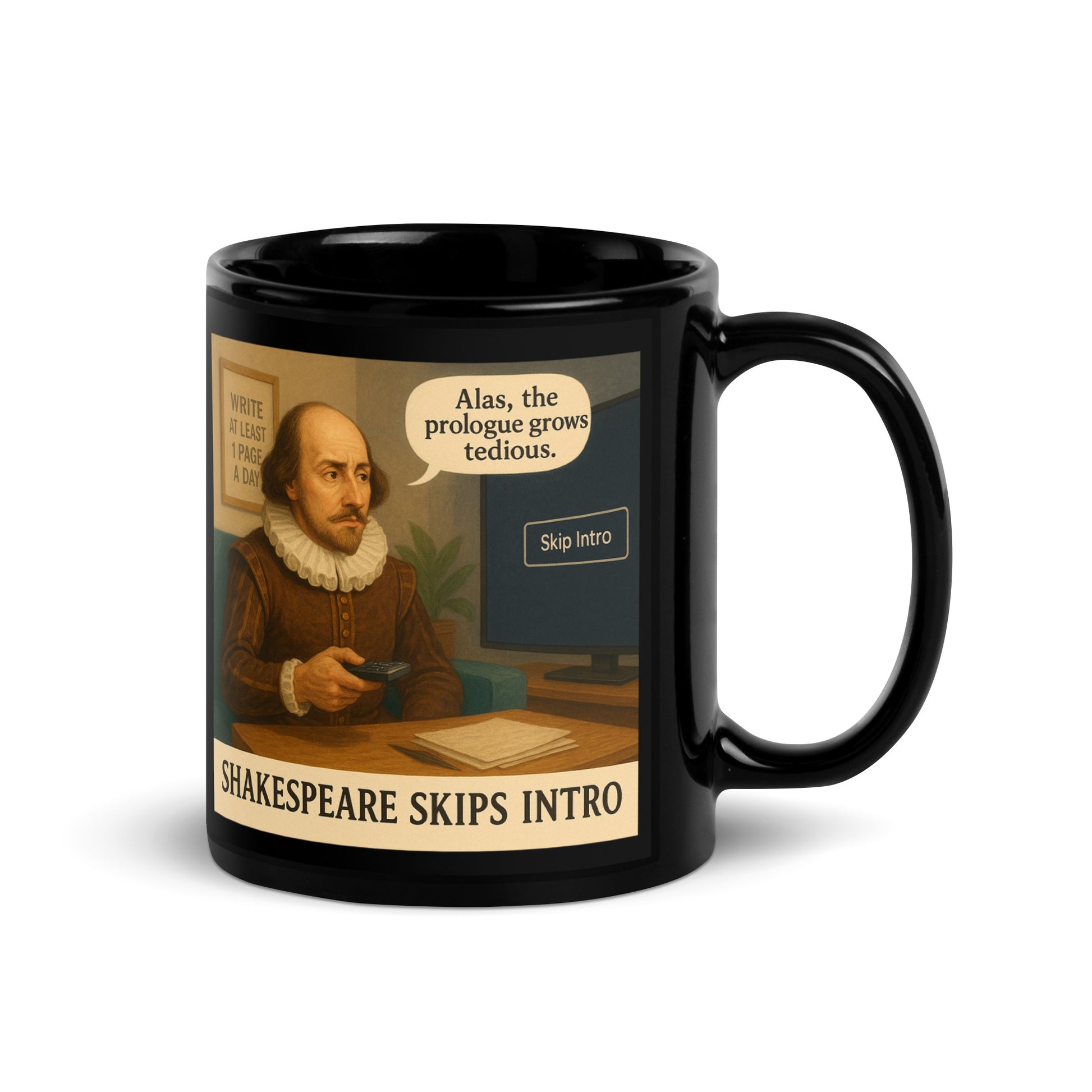 Shakespeare Skips Intro - Black Glossy Coffee Mug-Coffee Mugs-Silent Pacific