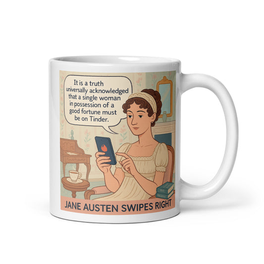 Jane Austen Swipes Left – White Glossy Mug-Coffee Mugs-Silent Pacific